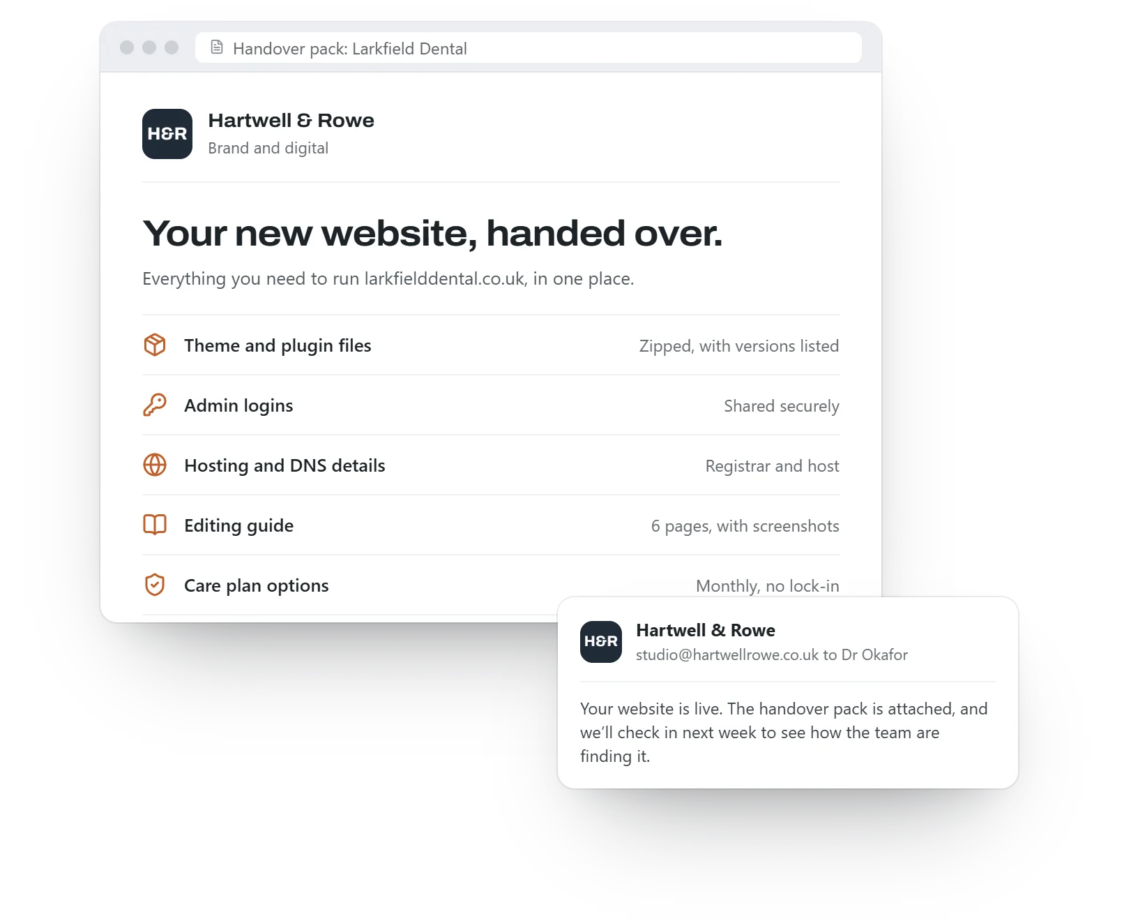 An example handover pack carrying an agency’s name, with a checklist of the files, logins and guides the client receives.
