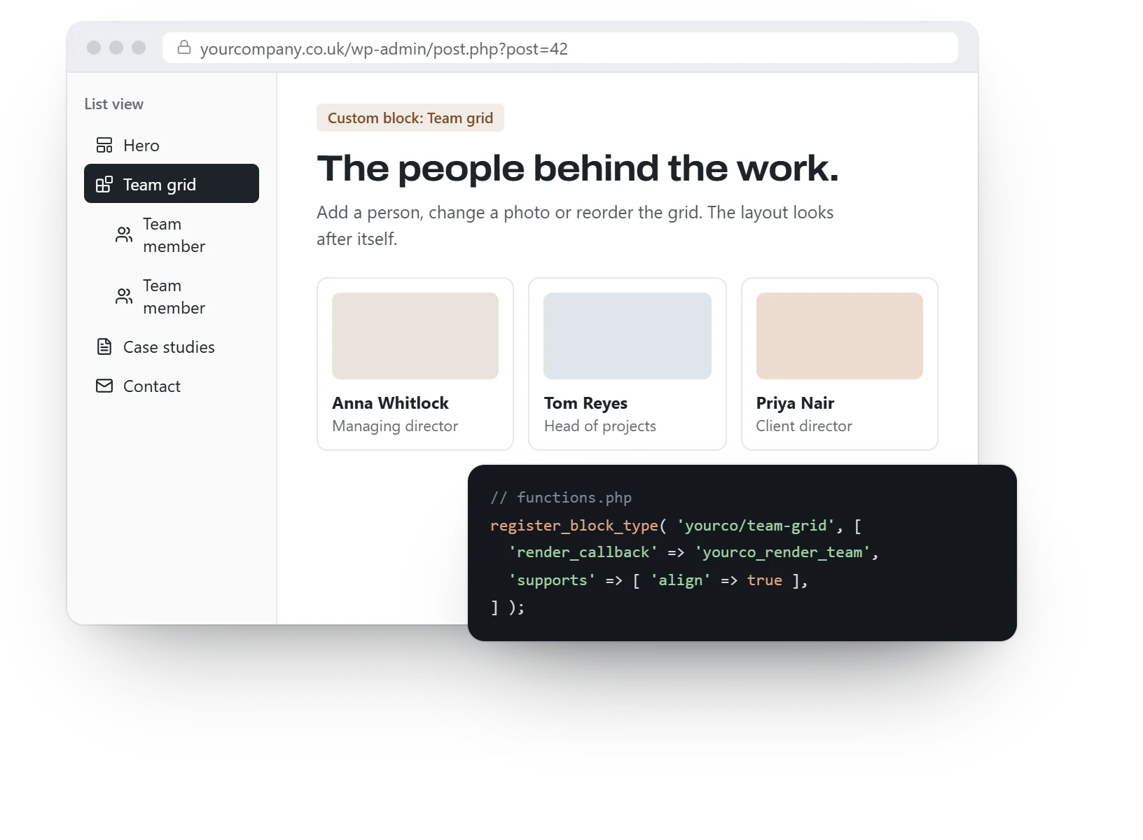 The WordPress editor showing a custom Team grid block, so editors change the content and the layout looks after itself.