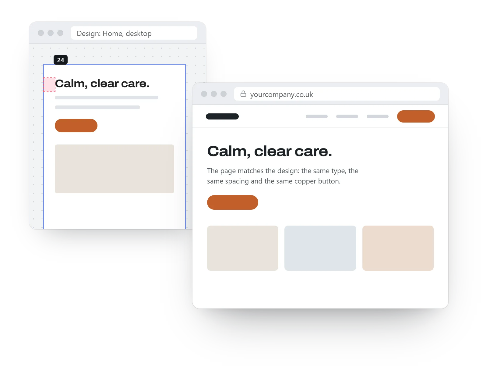 A homepage design beside the finished WordPress page, matching in type, spacing and colour.