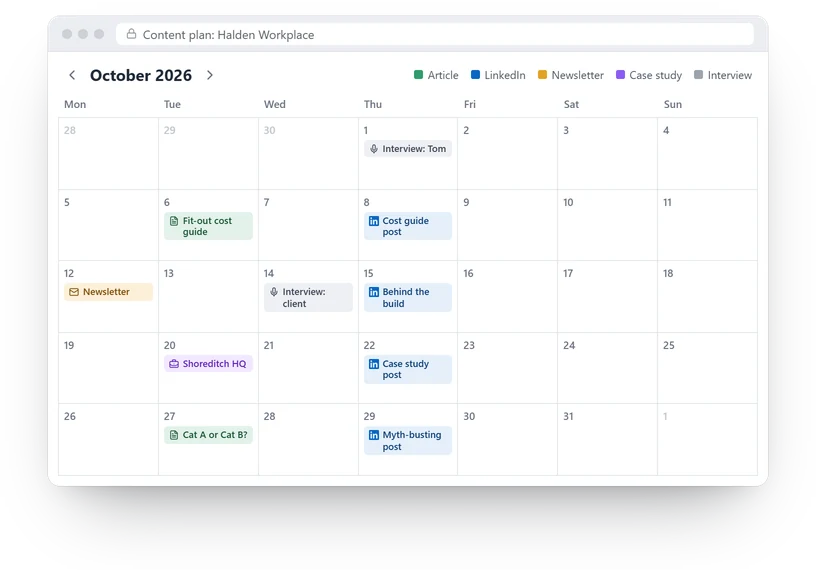 Example content calendar for a month, with articles, LinkedIn posts, a newsletter, a case study and interviews.