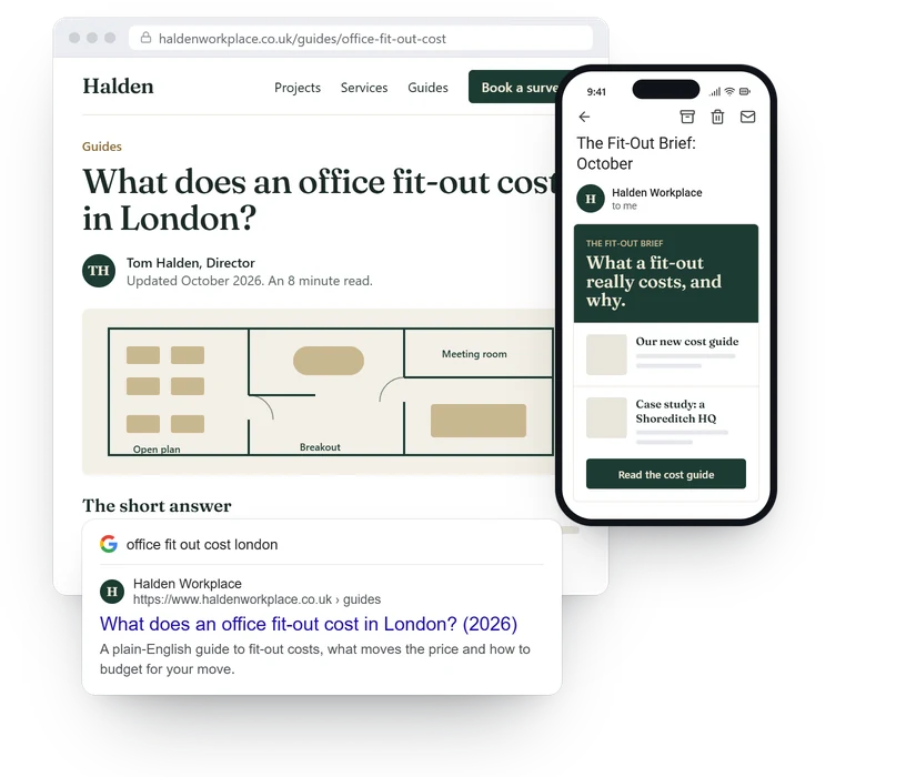 Example cost guide on a client’s website, the newsletter that promotes it, and the guide ranking on Google.