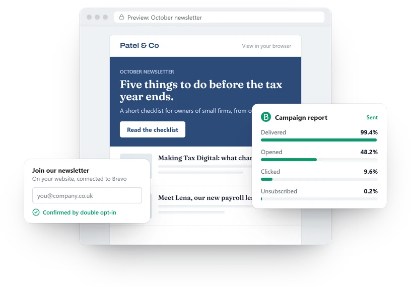 Example newsletter for an accountancy firm, its campaign report in Brevo, and a website sign-up form with double opt-in.