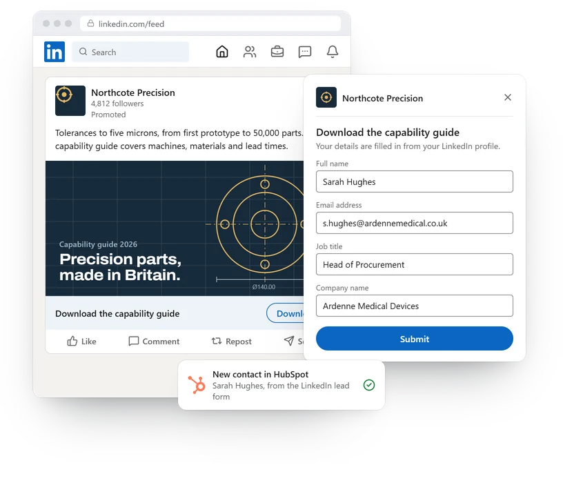 Example LinkedIn sponsored post for an engineering firm, with a pre-filled lead form and the new lead arriving in HubSpot.