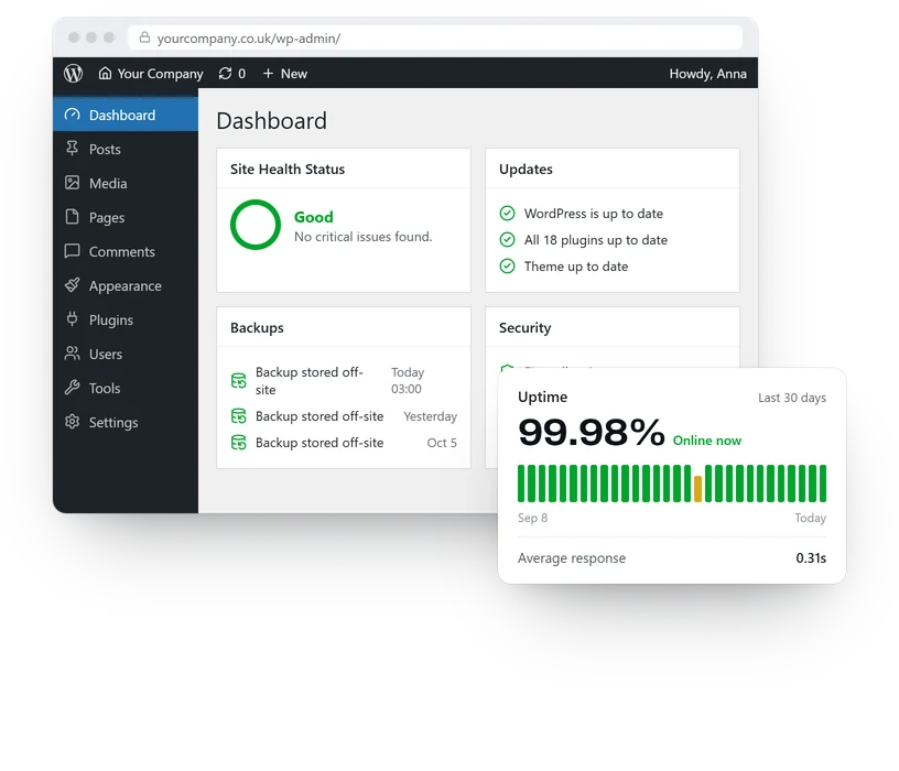 Example WordPress dashboard with updates, backups and security all checked, and 30 days of uptime monitoring.