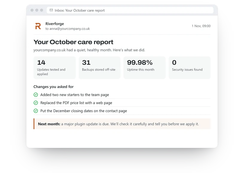Example monthly care report email listing updates, backups, uptime, security checks and the changes made that month.